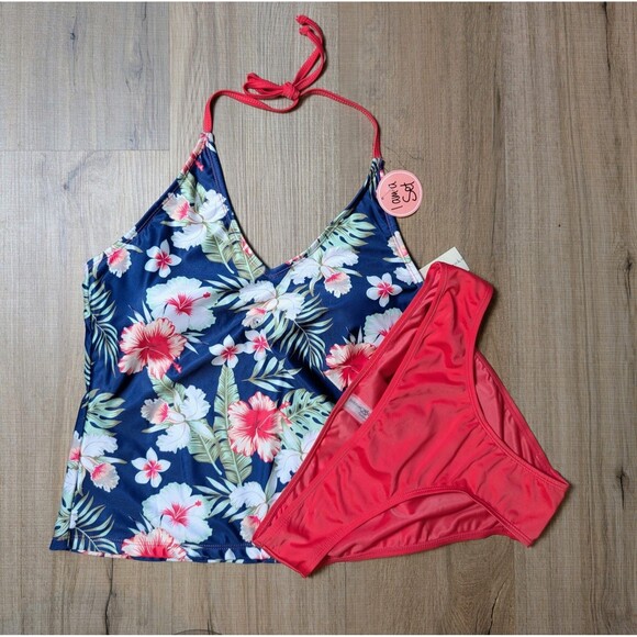 NWT Bobbie Brooks Size M  2-Piece Swimsuit Tankini Bikini Floral Hibiscus Beach - Picture 1 of 10